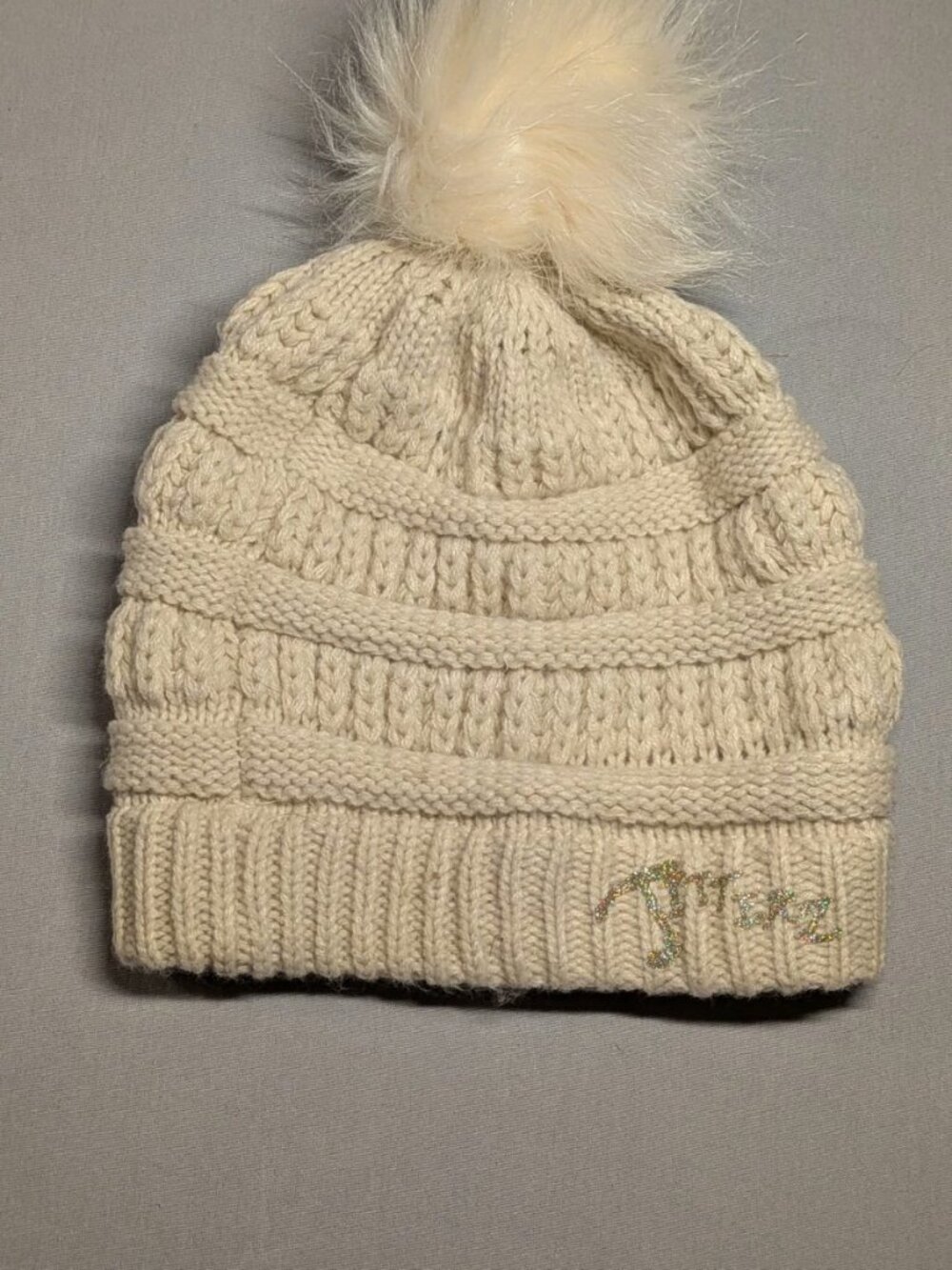 Jitterz Soft Ivory Off White Colored Beanie Hat With Faux Fur Ball